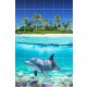 Tropical dolphin bathroom tile mural with coral reef and palm island